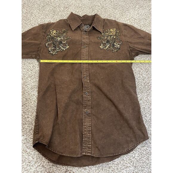 Affliction Gold Lion Brown Long Sleeve Button Up Graphic Print Men's Size M - Picture 10 of 11